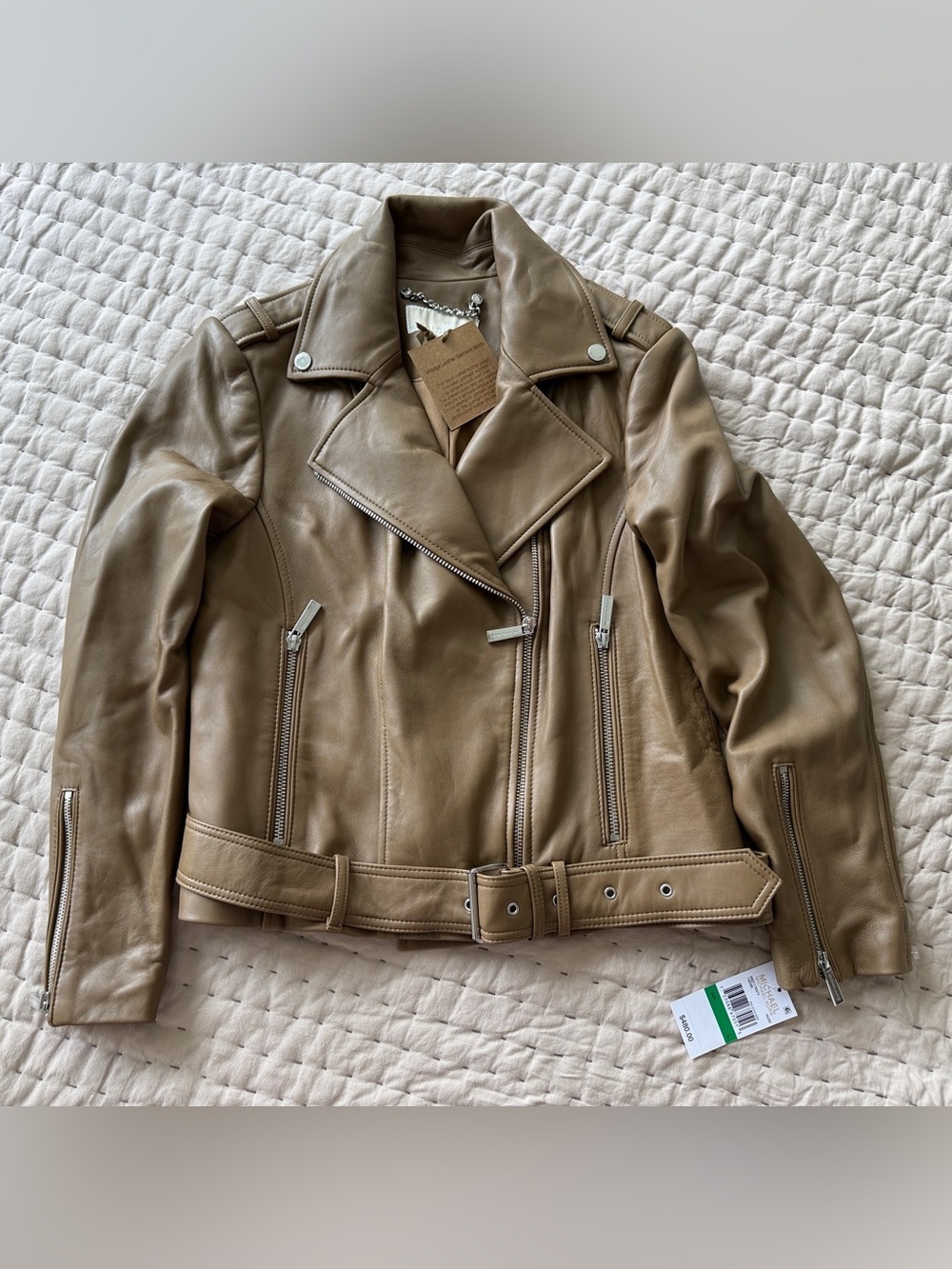 Michael Kors Women's Belted Leather Moto Coat Husk L NWT $480
